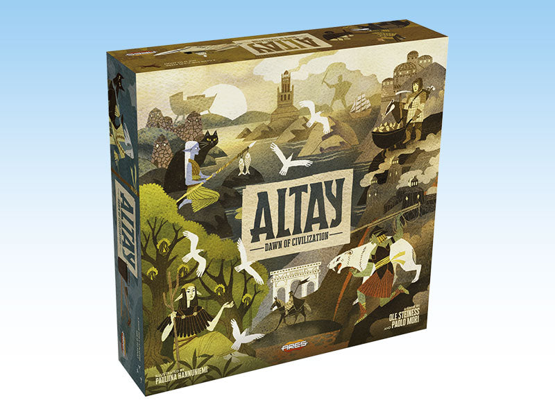 The board game 'Altay: Dawn of Civilization' by Ares Games features an illustrated box cover depicting diverse characters engaged in various activities related to civilization-building. The artwork showcases historical elements, landscapes, and creatures, highlighting a vibrant palette and intricate design.