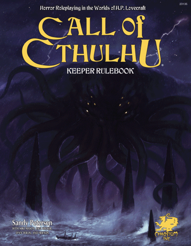 Cover of the Call of Cthulhu: 7th Edition Keeper Rulebook by Chaosium, featuring a dark and ominous depiction of Cthulhu emerging from stormy waters, with towering stone structures and a boat in the foreground, evoking a sense of horror and mystery.