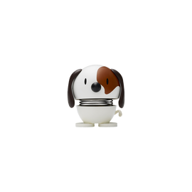 A charming Hoptimist Dog in white with a playful brown patch over one eye. The dog features a round body with movable legs and a cheerful expression, making it a delightful decorative item for the home or office.