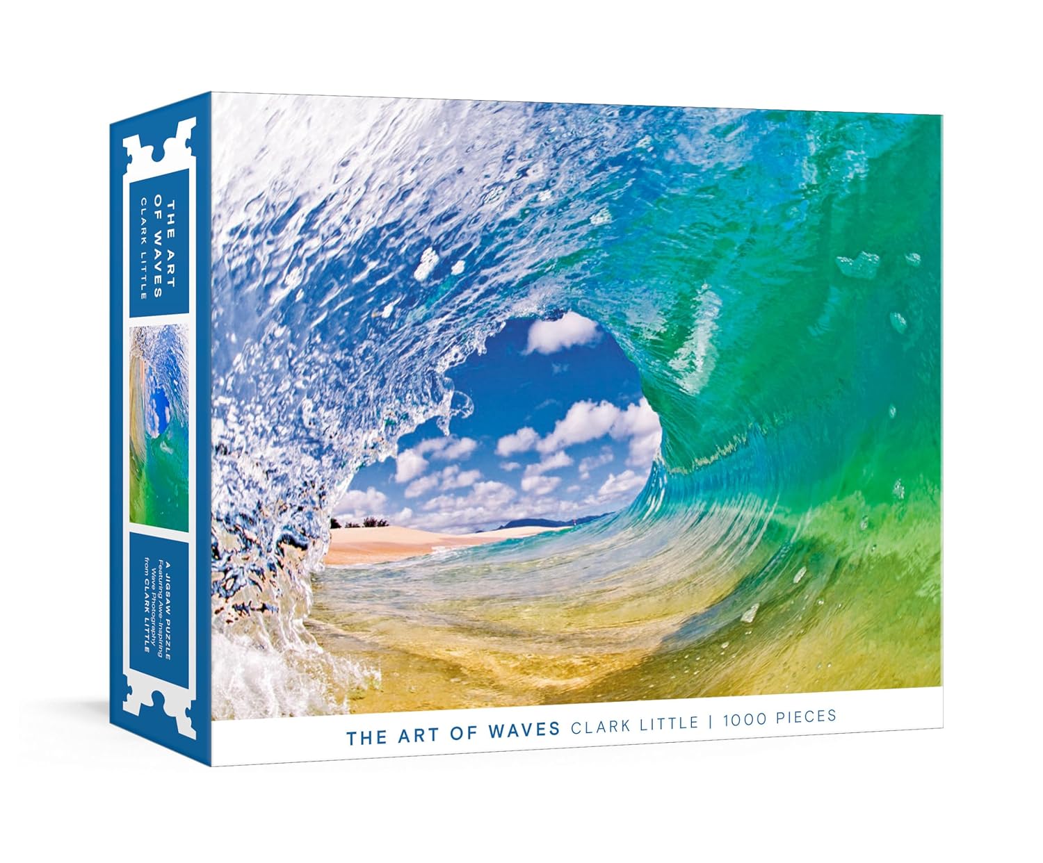 Art of Waves Puzzle by Potter Puzzles, featuring a stunning ocean wave image. This 1000 piece jigsaw puzzle showcases vibrant blues and greens, perfect for ocean lovers and puzzle enthusiasts.