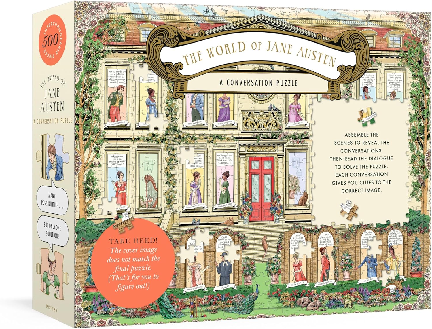 The Jane Austen Conversation jigsaw puzzle featuring 500 colorful pieces. The box showcases a whimsical illustration of various characters from Jane Austen's novels in a garden setting, with dialogues around the windows. Instructions highlight that the cover image differs from the final puzzle, encouraging players to engage with the story as they assemble the pieces.