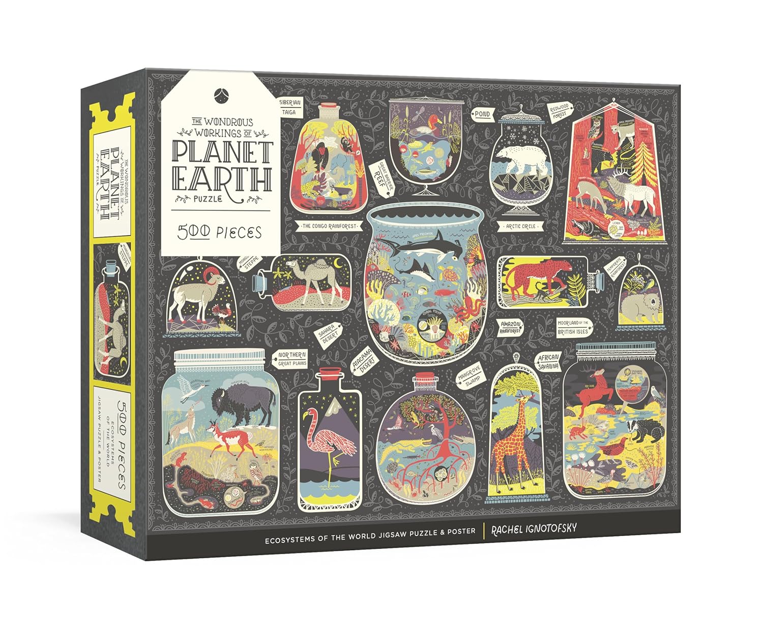 The Wondrous Workings of Planet Earth jigsaw puzzle box featuring a colorful collage of ecosystems. Includes illustrations of various animals and habitats captured in jars, showcasing wildlife from different parts of the world such as the Arctic and Amazon. The box highlights a 500-piece puzzle with vibrant graphics.