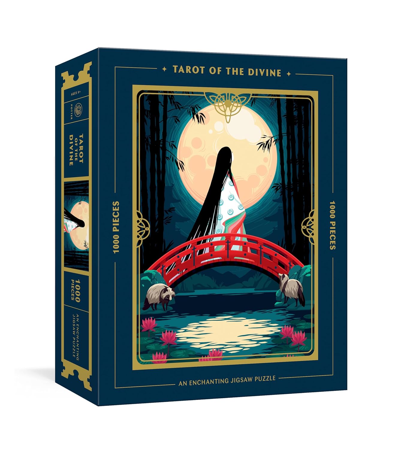 The Tarot of the Divine puzzle box features a stunning illustration of a serene scene with a woman in a flowing robe standing on a red bridge under a full moon. The packaging displays vibrant colors with a hint of mystique, highlighting elements like lush water lilies and playful raccoons by the water's edge. This 1000-piece jigsaw puzzle promises an enchanting and immersive experience.