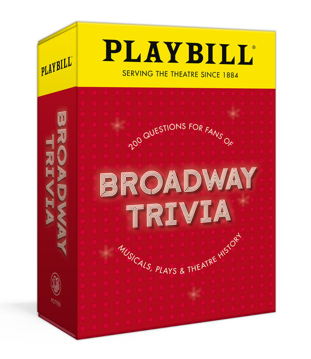 Playbill Broadway Trivia jigsaw puzzle by Potter Puzzles, featuring 200 questions about musicals, plays, and theatre history. The package displays a vibrant red background with white polka dots and golden lettering highlighting 'BROADWAY TRIVIA', making it an engaging game for theatre enthusiasts.