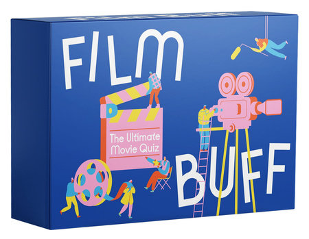 The blue box of the 'Film Buff' game by Smith Street Gifts, featuring colorful illustrations of film-related activities, including a movie camera, a film reel, a director's chair, and various characters engaged in filmmaking. The title 'Film Buff' is prominently displayed in bold white letters, alongside the tagline 'The Ultimate Movie Quiz.'