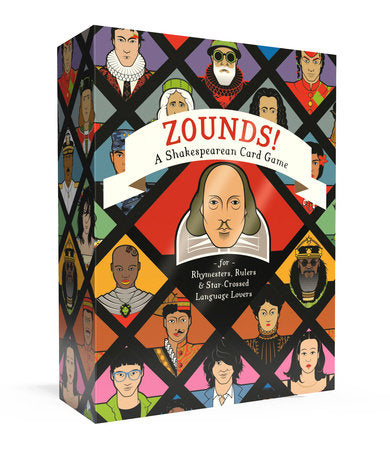 Zounds! A Shakespearean card game by Clarkson Potter, featuring whimsical illustrations of iconic characters and historical figures from Shakespeare's works. Perfect for language lovers, this engaging game invites players to explore rhymes, rulers, and star-crossed themes in a fun, interactive way. The colorful box showcases artistic representations of various characters, making it a visually appealing addition to any game night.