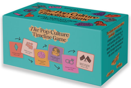 The Pop Culture Timeline Game box by Smith Street Gifts, featuring colorful illustrations and icons related to various pop culture events. The front displays the game title prominently, along with cards showing gameplay instructions and categories. This engaging game challenges players to arrange pop culture moments in chronological order, making it a fun and educational experience for friends and family.