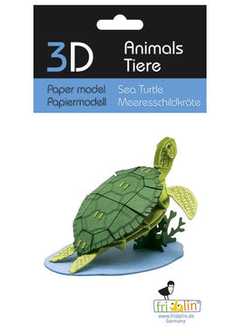 A colorful 3D paper model of a sea turtle designed by fridolin, featuring intricate detailing on the shell and flippers. The turtle is displayed on a blue base with a coral-like structure, showcasing the vibrant greens and yellows of the model.