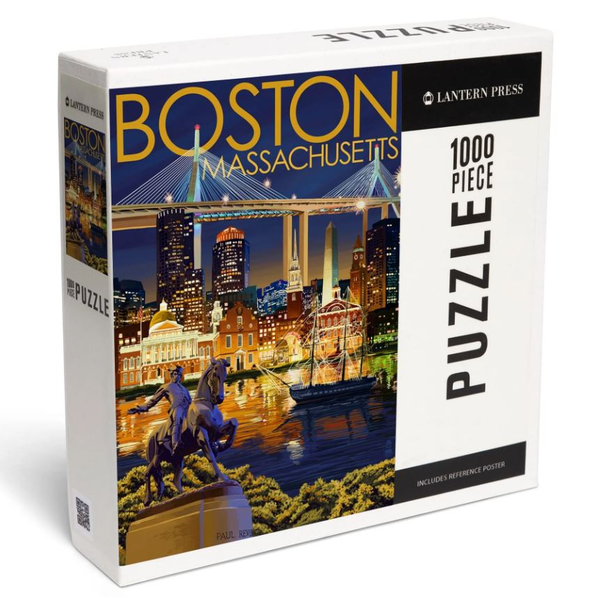 A 1000-piece jigsaw puzzle box featuring a vibrant illustration of the Boston, MA skyline at night. The design showcases iconic buildings, bridges, and water reflections illuminated by city lights. The puzzle is branded by Lantern Press and includes a reference poster.