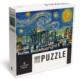 Boston, MA Starry Night City jigsaw puzzle by Lantern Press featuring a vibrant depiction of the Boston skyline at night, inspired by Van Gogh's Starry Night. The box displays '1000 PIECE PUZZLE' and includes a reference poster.