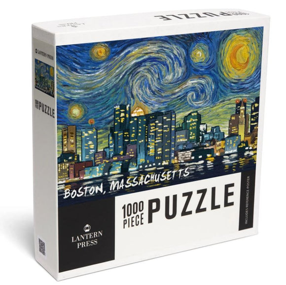 Boston, MA Starry Night City jigsaw puzzle by Lantern Press featuring a vibrant depiction of the Boston skyline at night, inspired by Van Gogh's Starry Night. The box displays '1000 PIECE PUZZLE' and includes a reference poster.