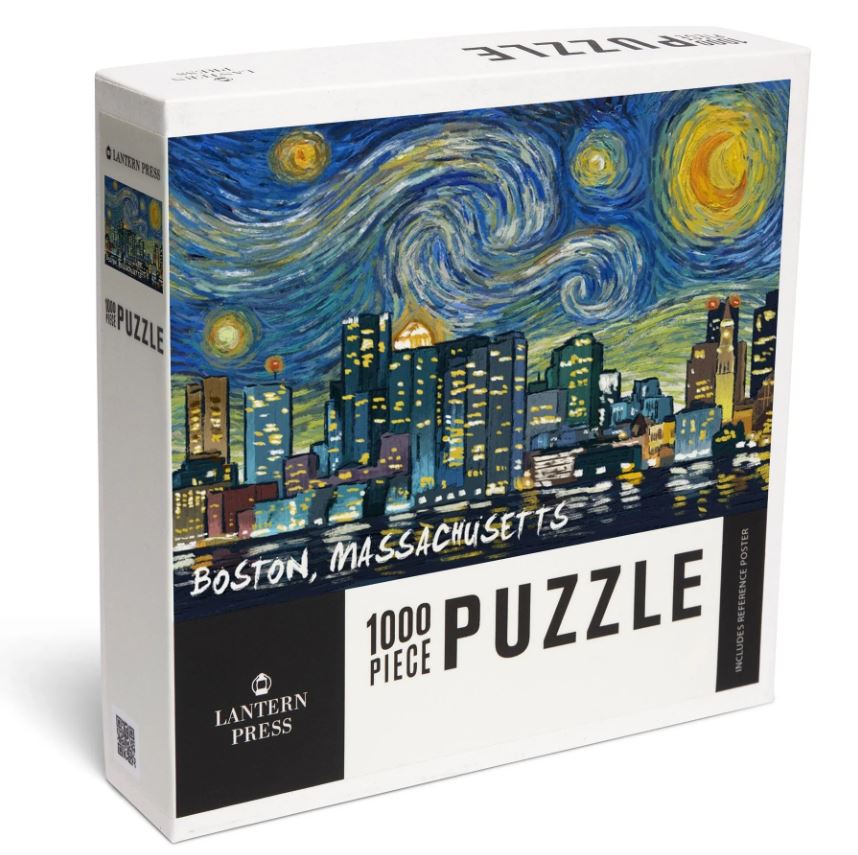 Boston, MA Starry Night City jigsaw puzzle by Lantern Press featuring a vibrant depiction of the Boston skyline at night, inspired by Van Gogh's Starry Night. The box displays '1000 PIECE PUZZLE' and includes a reference poster.