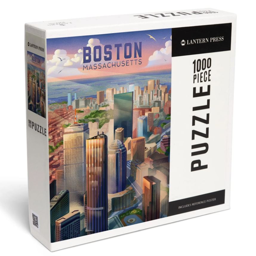 Boston, MA lithograph jigsaw puzzle by Lantern Press featuring a vibrant illustration of the city skyline. The puzzle contains 1000 pieces and includes a reference poster, making it ideal for puzzle enthusiasts and Boston lovers alike.