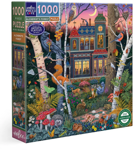 Jigsaw puzzle box featuring an enchanted forest scene with a house, animals, and nature elements.