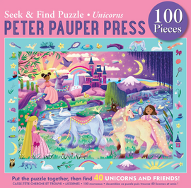 Unicorn-themed puzzle packaging with colorful design and 'Peter Pauper Press' branding.