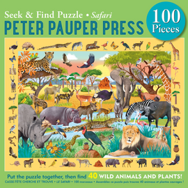 Peter Pauper Press safari puzzle with animals and plants on a yellow background