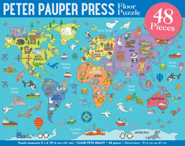 World map puzzle with animals and landmarks, featuring Peter Pauper Press branding.