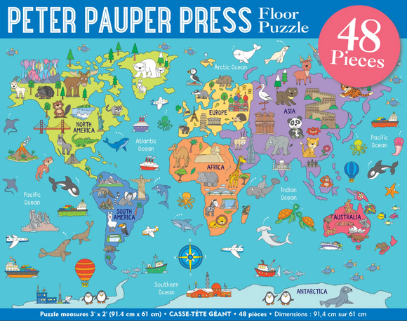 World map puzzle with animals and landmarks, featuring Peter Pauper Press branding.