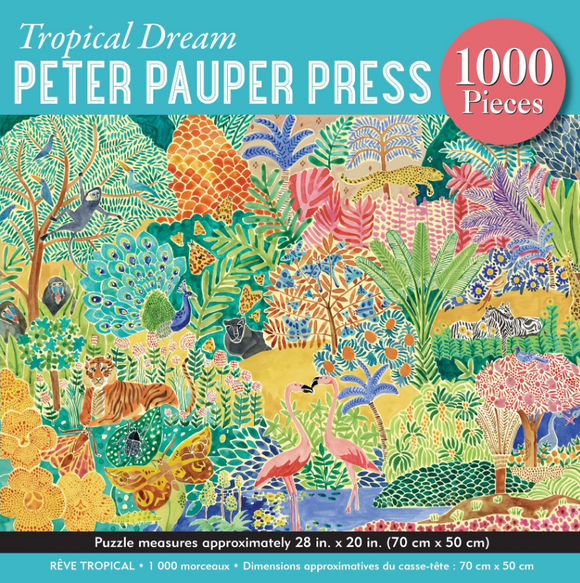 Tropical-themed puzzle packaging with colorful animals and foliage, featuring 'Peter Pauper Press' branding.