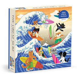 Puzzle box with cartoon animals surfing on a wave