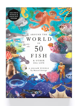 Jigsaw puzzle box with underwater scene and text 'Around the World in 50 Fish & Other Sea Life'.