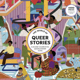 Cover of 'The World of Queer Stories' jigsaw puzzle with colorful illustrations and text.