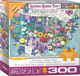 Jigsaw puzzle box featuring a map of the United States with flowers and butterflies, labeled 'National Garden Party'.