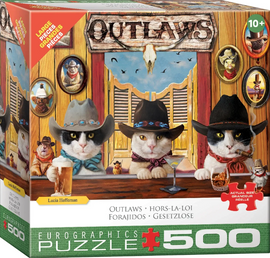 Puzzle box featuring cats in cowboy hats with a bar scene and 'Outlaws' text.