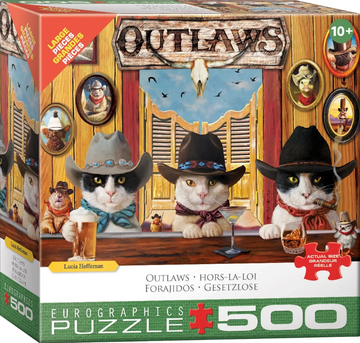 Puzzle box featuring cats in cowboy hats with a bar scene and 'Outlaws' text.