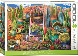 Jigsaw puzzle box featuring a colorful display of cacti and succulents.
