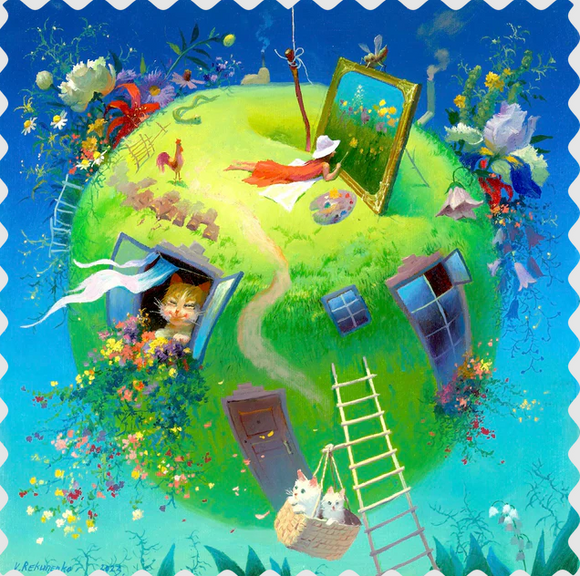 Colorful illustration of a world with houses, animals, and people in a whimsical setting.