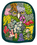 Colorful illustration of an owl surrounded by flowers and plants on a white background