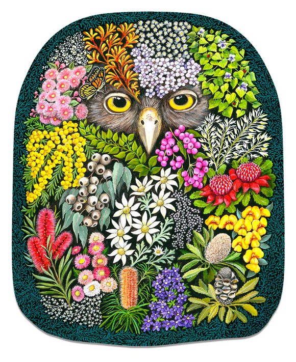 Colorful illustration of an owl surrounded by flowers and plants on a white background