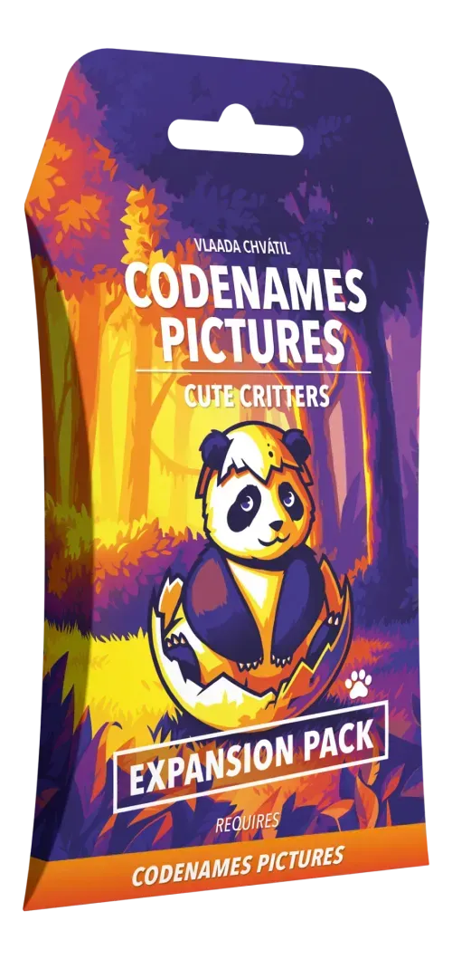 Codenames Pictures Cute Critters expansion pack packaging with a colorful design and panda illustration.