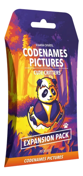 Codenames Pictures Cute Critters expansion pack packaging with a colorful design and panda illustration.