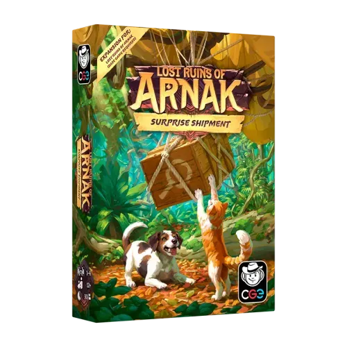 Board game box for 'Lost Ruins of Arnak: Surprise Shipment' featuring illustrated cover art of a dog and cat in a forest scene, with the CCG logo and publisher branding visible.