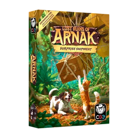 Board game box for 'Lost Ruins of Arnak: Surprise Shipment' featuring illustrated cover art of a dog and cat in a forest scene, with the CCG logo and publisher branding visible.