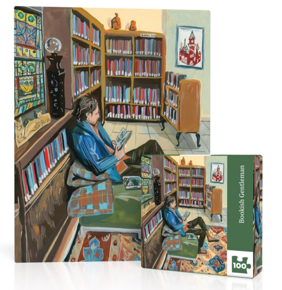 Box and finished jigsaw image of the Bookish Gentleman jigsaw.