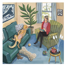A golden retriever sits on a teal couch on its back, belly up. A woman in a red blazer and black high heels sits with her legs crossed over the knee in a striped green chair holding a pen and notebook. There are dog toys scattered around the room - a large bone-shaped pillow, yellow tennis ball, and stuffed animals. 