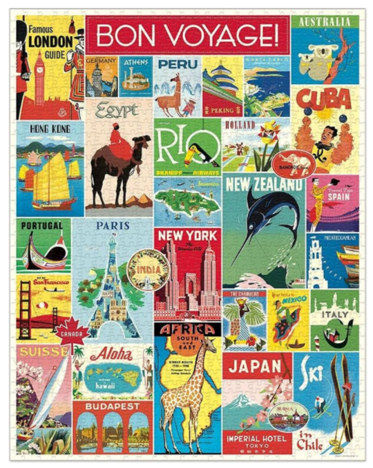 A colorful travel poster collage with the large red text 'BON VOYAGE!' at the top and many vintage travel tiles around it showing places like London, Rio, New York, Paris, Tokyo, and others.