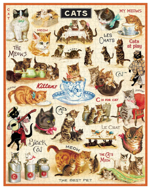 A vintage-style illustrated poster or print featuring many cats in various poses and scenes, with decorative text such as 'CATS', 'MY MEOWS', 'Kittens', and 'THE BEST PET' on an off-white background with a thin orange border.