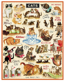 A vintage-style illustrated poster or print featuring many cats in various poses and scenes, with decorative text such as 'CATS', 'MY MEOWS', 'Kittens', and 'THE BEST PET' on an off-white background with a thin orange border.
