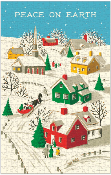 snowscape scene with red, green, and yellow houses, people in coats, and trees. A black horse pulling a red sleigh and a blue sky. text: Peace on Earth