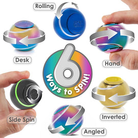 Six Spin Balls arranged around the text "6 ways to spin!", with a demonstration of different ways to use the spin ball