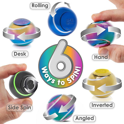 Six Spin Balls arranged around the text "6 ways to spin!", with a demonstration of different ways to use the spin ball
