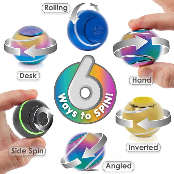 Six Spin Balls arranged around the text "6 ways to spin!", with a demonstration of different ways to use the spin ball