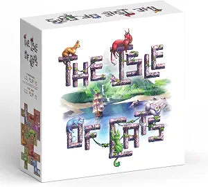 The Isle of Cats board game box shown at a slight angle, featuring a white box with colorful illustrated cat characters and the game title in large decorative letters.