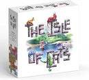 The Isle of Cats board game box shown at a slight angle, featuring a white box with colorful illustrated cat characters and the game title in large decorative letters.