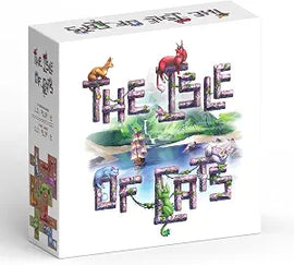 The Isle of Cats board game box shown at a slight angle, featuring a white box with colorful illustrated cat characters and the game title in large decorative letters.