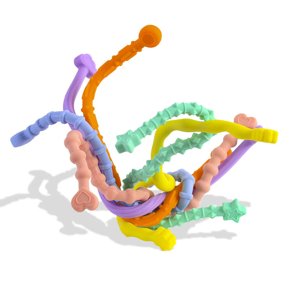 Six colorful silicone tubes with different textures twisted together